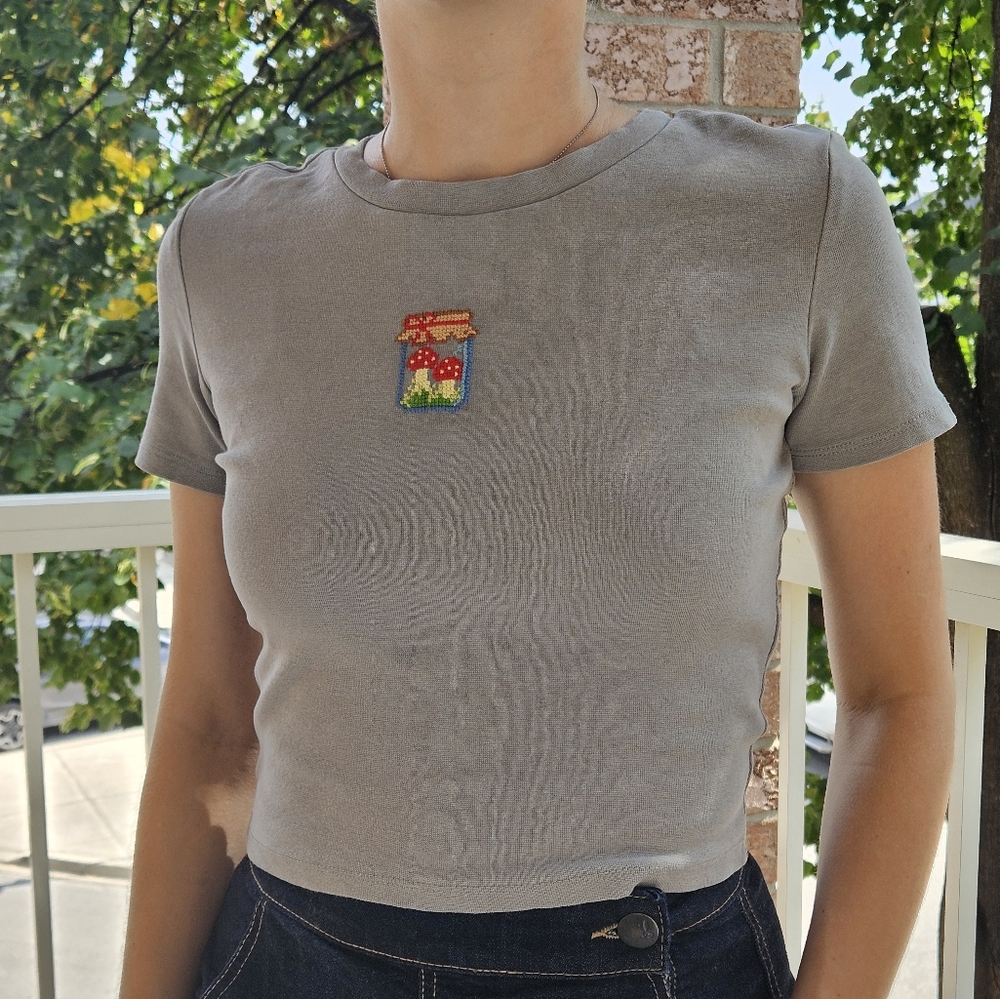 Baby Tee with HANDMADE Mushroom Cross Stitch Patch